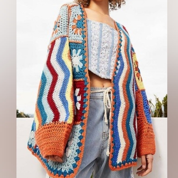 POL Sweaters - NWT POL Crochet Knit Granny Square Floral Open Cardigan Retro 70s Boho